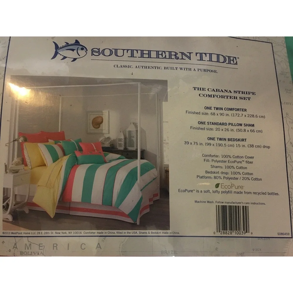 Southern Tide Cabana Stripe Twin Comforter 3 Pc.Set Lite Coral Mint Green Yellow